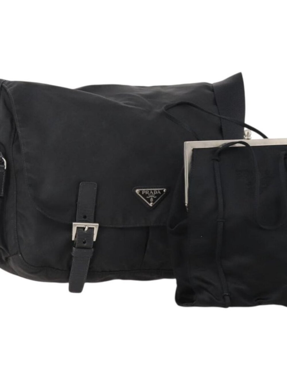 Share PRADA Shoulder Bag Nylon Suede 2 Set Black Silver Auth